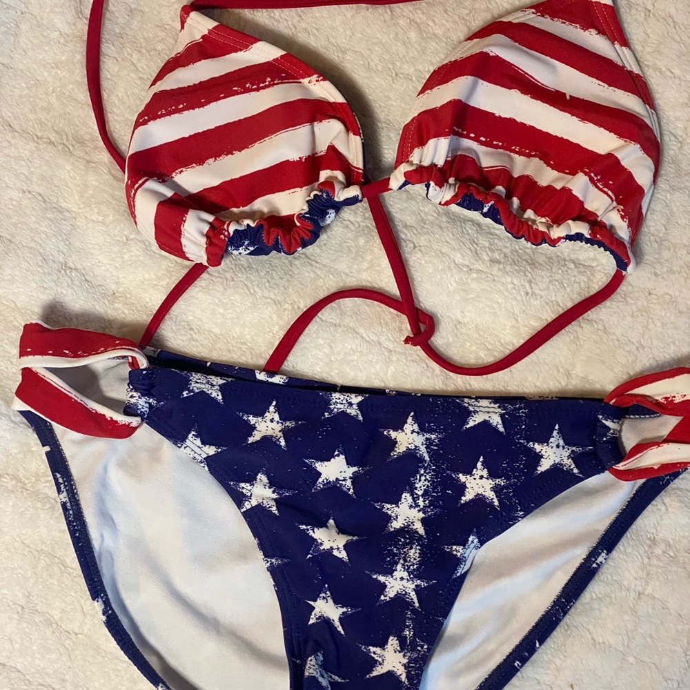 Red white and blue bathing suit.